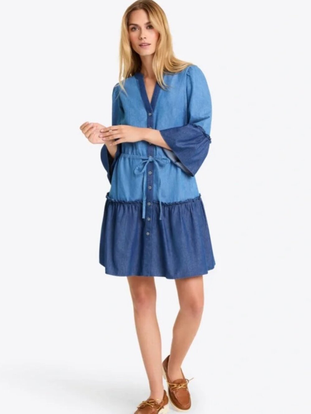 NWT Draper James Avery Shirtdress Chambray Medium Wash Bell Sleeve Tie Waist XS - Picture 2 of 5